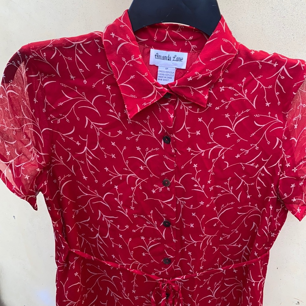 Amanda Lane SILK lined dress RED button down 6P